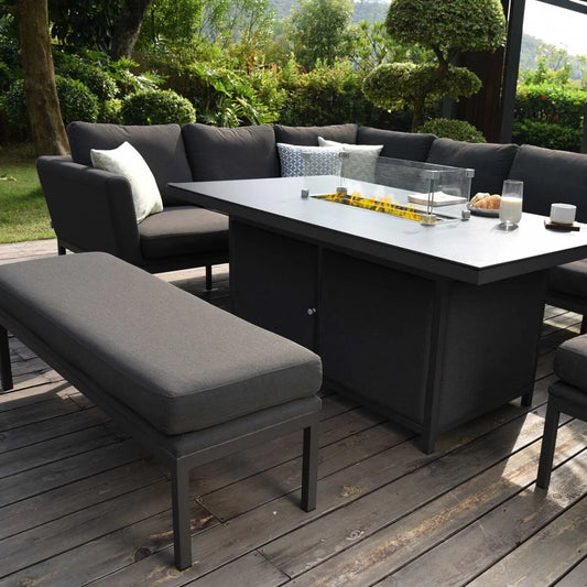 Maze - Outdoor Fabric Pulse Rectangular Corner Dining Set with Fire Pit Table - Charcoal - Blythe Living