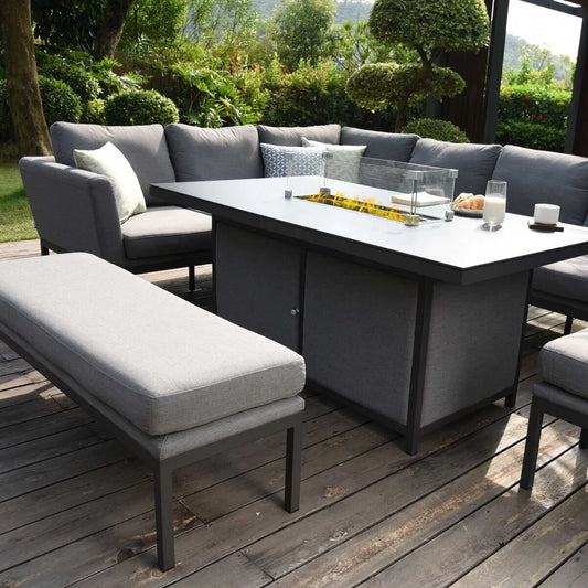Maze - Outdoor Fabric Pulse Rectangular Corner Dining Set with Fire Pit Table - Flanelle - Blythe Living