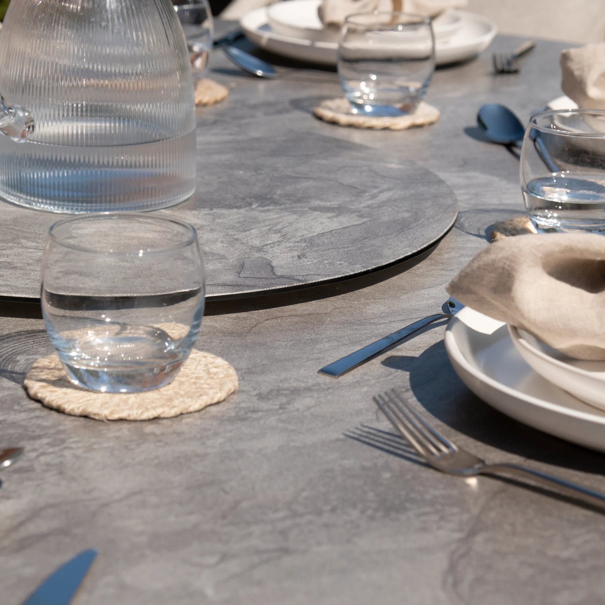 Maze - Monaco Rope Weave 6 Seat Oval Dining Set with Lazy Susan - Cool Linen - Blythe Living