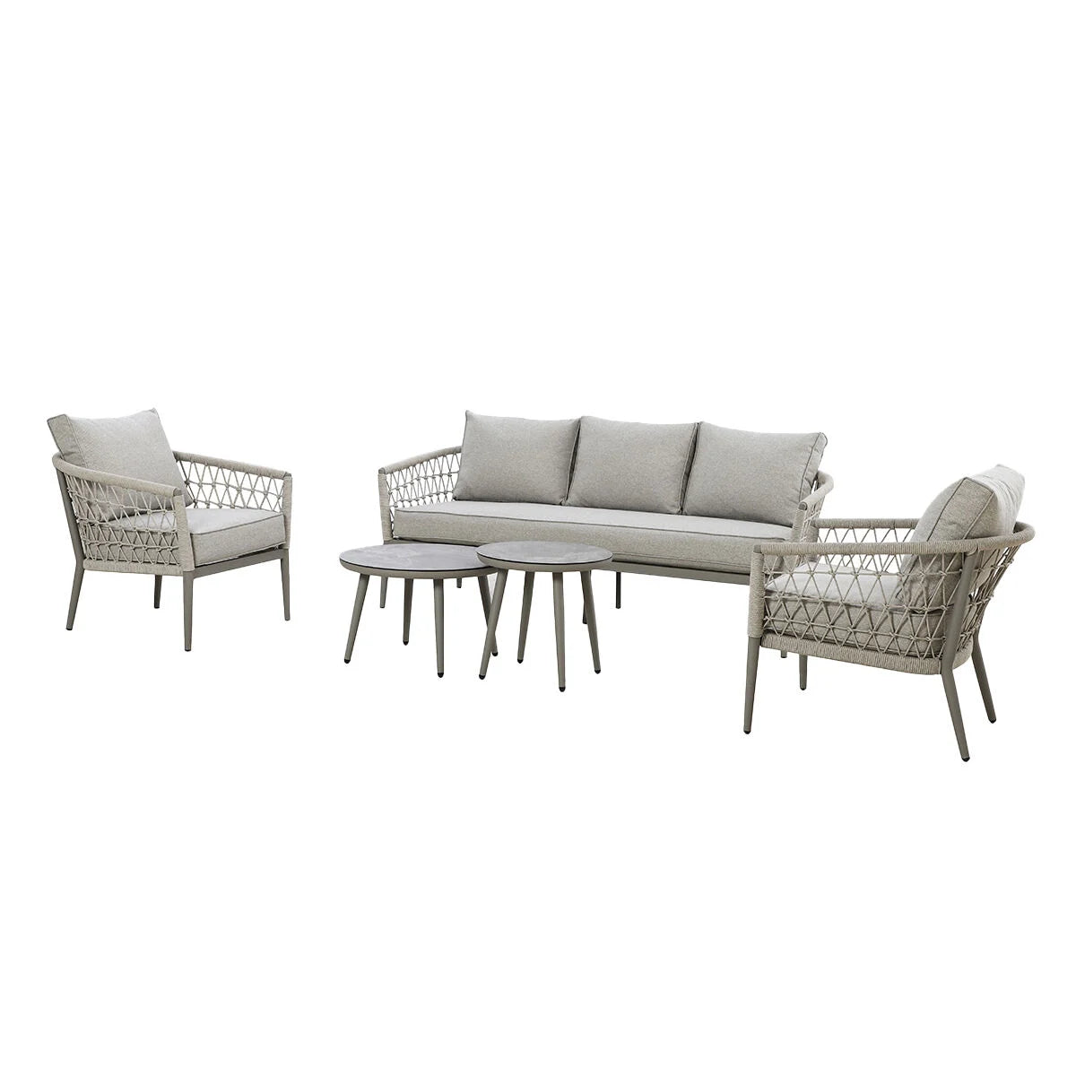 Maze - Monaco Rope Weave 3 Seat Sofa Set with Pair of Round Coffee Tables - Cool Linen - Blythe Living