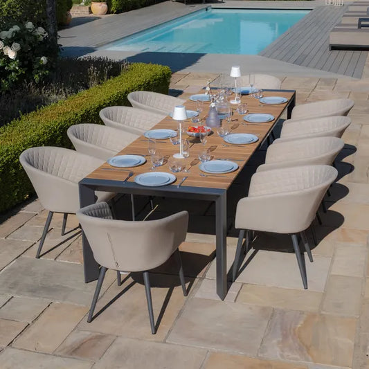 Maze - Jakarta Teak Extending 6 - 10 Seat Rectangular Dining Table
with 10 Outdoor Fabric Ambition Oatmeal Dining Chairs - Blythe Living