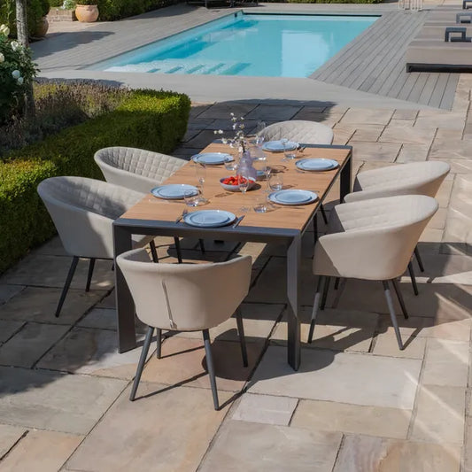 Maze - Jakarta Teak Extending 6 - 10 Seat Rectangular Dining Table
with 10 Outdoor Fabric Ambition Oatmeal Dining Chairs - Blythe Living