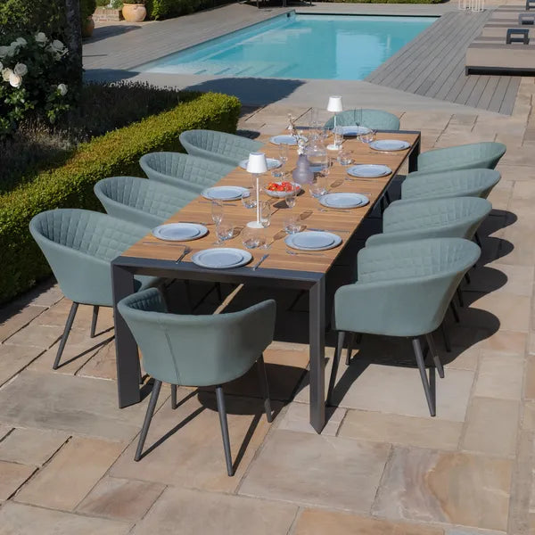 Maze - Jakarta Teak Extending 6 - 10 Seat Rectangular Dining Table
with 10 Outdoor Fabric Ambition Sage Green Dining Chairs - Blythe Living
