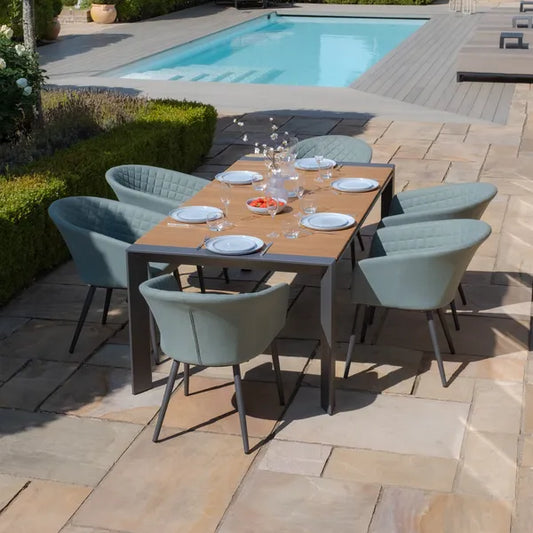 Maze - Jakarta Teak Extending 6 - 10 Seat Rectangular Dining Table
with 10 Outdoor Fabric Ambition Sage Green Dining Chairs - Blythe Living