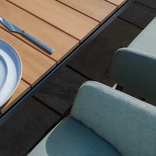 Maze - Jakarta Teak Extending 6 - 10 Seat Rectangular Dining Table
with 10 Outdoor Fabric Ambition Sage Green Dining Chairs - Blythe Living