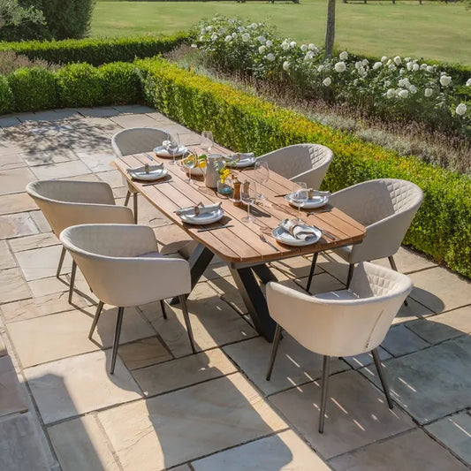 Maze - Jakarta Teak Oval Dining Table
with 6 Outdoor Fabric Ambition Oatmeal Dining Chairs - Blythe Living