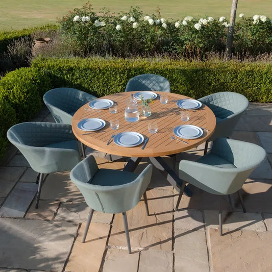 Maze - Jakarta Teak Round Dining Table
with 6 Outdoor Fabric Ambition Sage Green Dining Chairs - Blythe Living