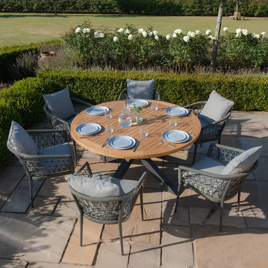 Maze - Jakarta Teak Round Dining Table
with 6 Monaco Ivy Green Rope Weave Dining Chairs - Blythe Living