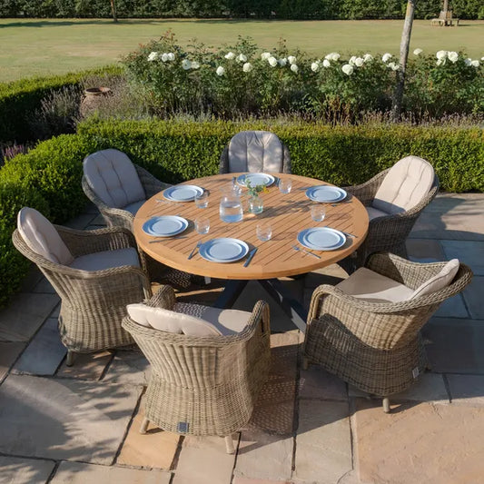 Maze - Jakarta Teak Round Dining Table
with 6 Winchester Heritage Rattan Dining Chairs - Blythe Living
