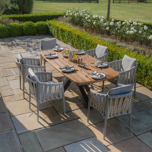 Maze - Jakarta Teak Oval Dining Table
with 6 Milan Cool Linen Rope Weave Dining Chairs - Blythe Living