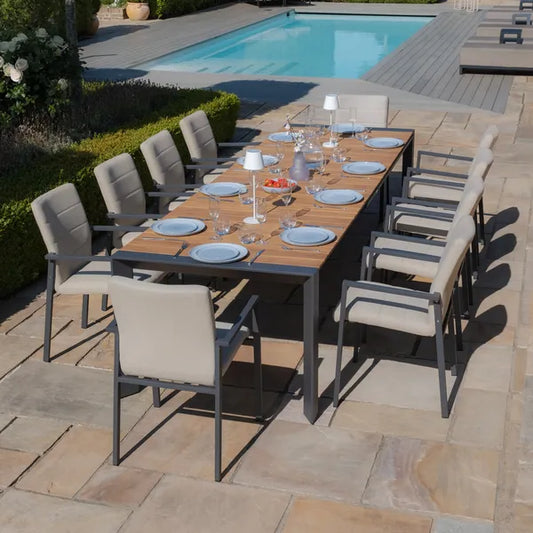 Maze - Jakarta Teak Extending 6 - 10 Seat Rectangular Dining Table
with 10 Ibiza Oatmeal Dining Chairs - Blythe Living