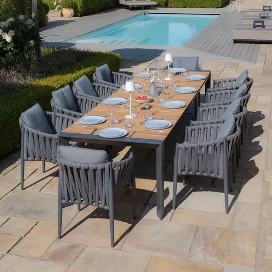 Maze - Jakarta Teak Extending 6 - 10 Seat Rectangular Dining Table
with 10 Milan Charcoal Rope Weave Dining Chairs - Blythe Living