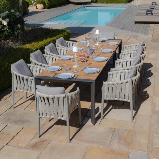 Maze - Jakarta Teak Extending 6 - 10 Seat Rectangular Dining Table
with 10 Milan Cool Linen Rope Weave Dining Chairs - Blythe Living