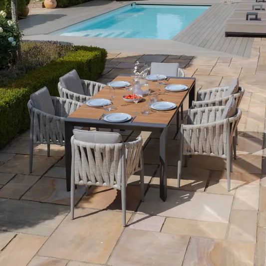 Maze - Jakarta Teak Extending 6 - 10 Seat Rectangular Dining Table
with 10 Milan Cool Linen Rope Weave Dining Chairs - Blythe Living