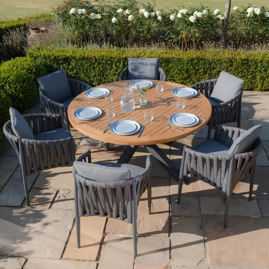 Maze - Jakarta Teak Round Dining Table
with 6 Milan Charcoal Rope Weave Dining Chair - Blythe Living
