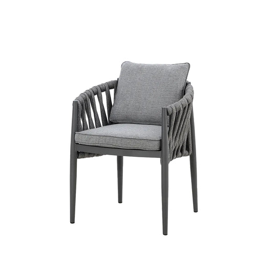 Maze - Jakarta Teak Round Dining Table
with 6 Milan Charcoal Rope Weave Dining Chair - Blythe Living