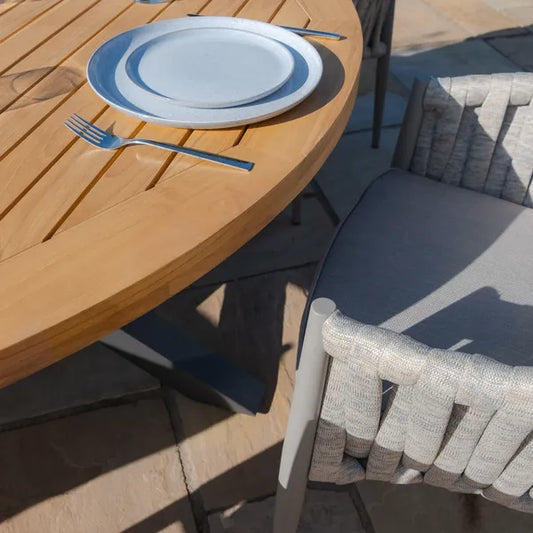 Maze - Jakarta Teak Round Dining Table
with 6 Monaco Cool Linen Rope Weave Dining Chairs - Blythe Living