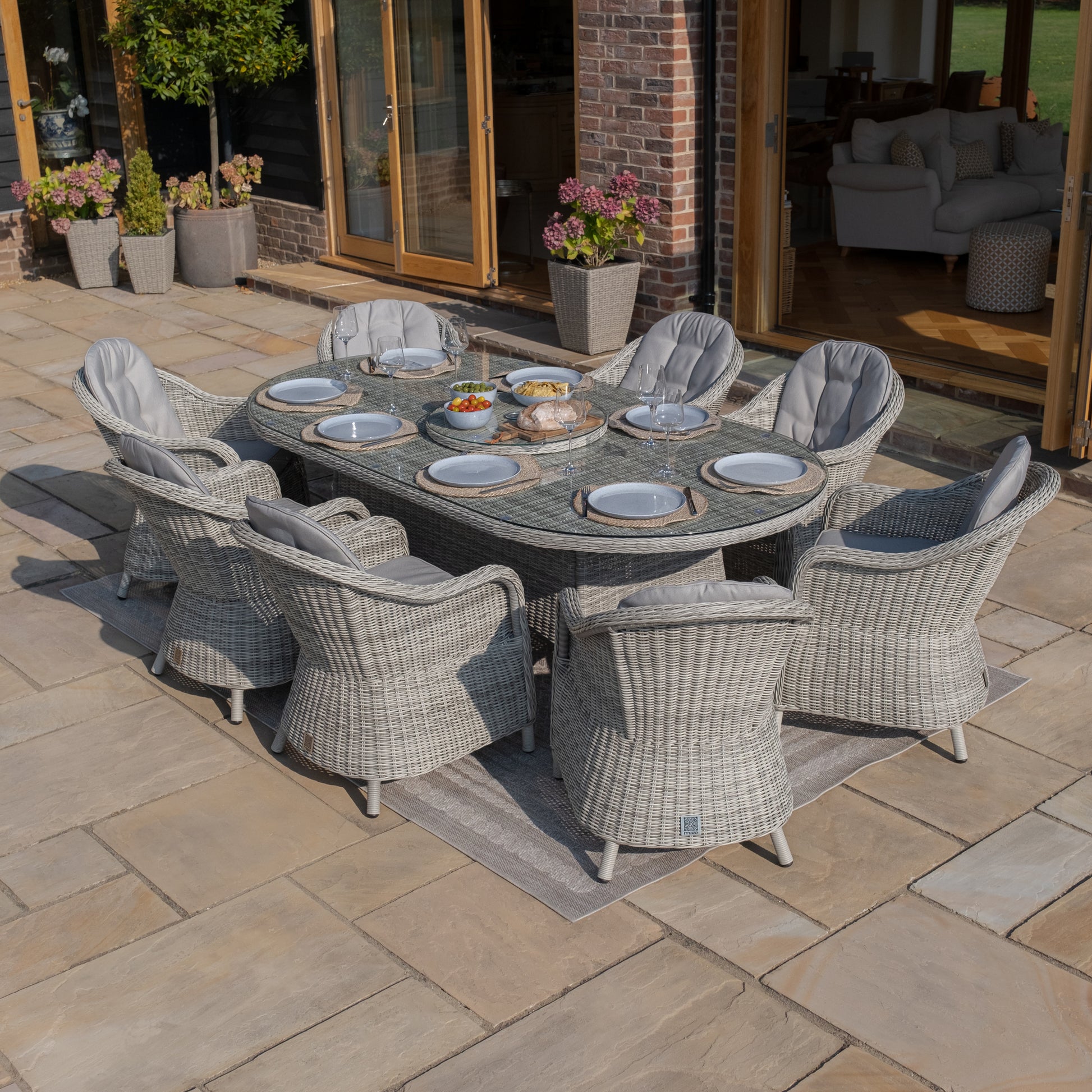 Maze - Oxford 8 Seat Oval Dining Set with Heritage Dining Chairs & Woven Lazy Susan - Blythe Living