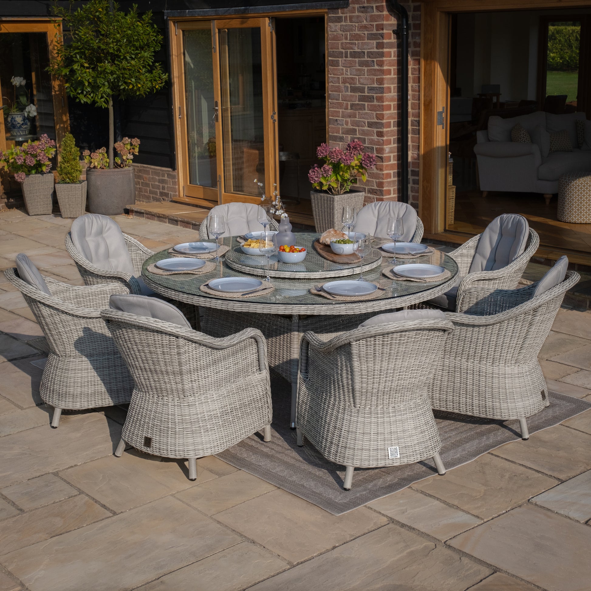 Maze - Oxford 8 Seat Round Dining Set with Heritage Dining Chairs & Woven Lazy Susan - Blythe Living