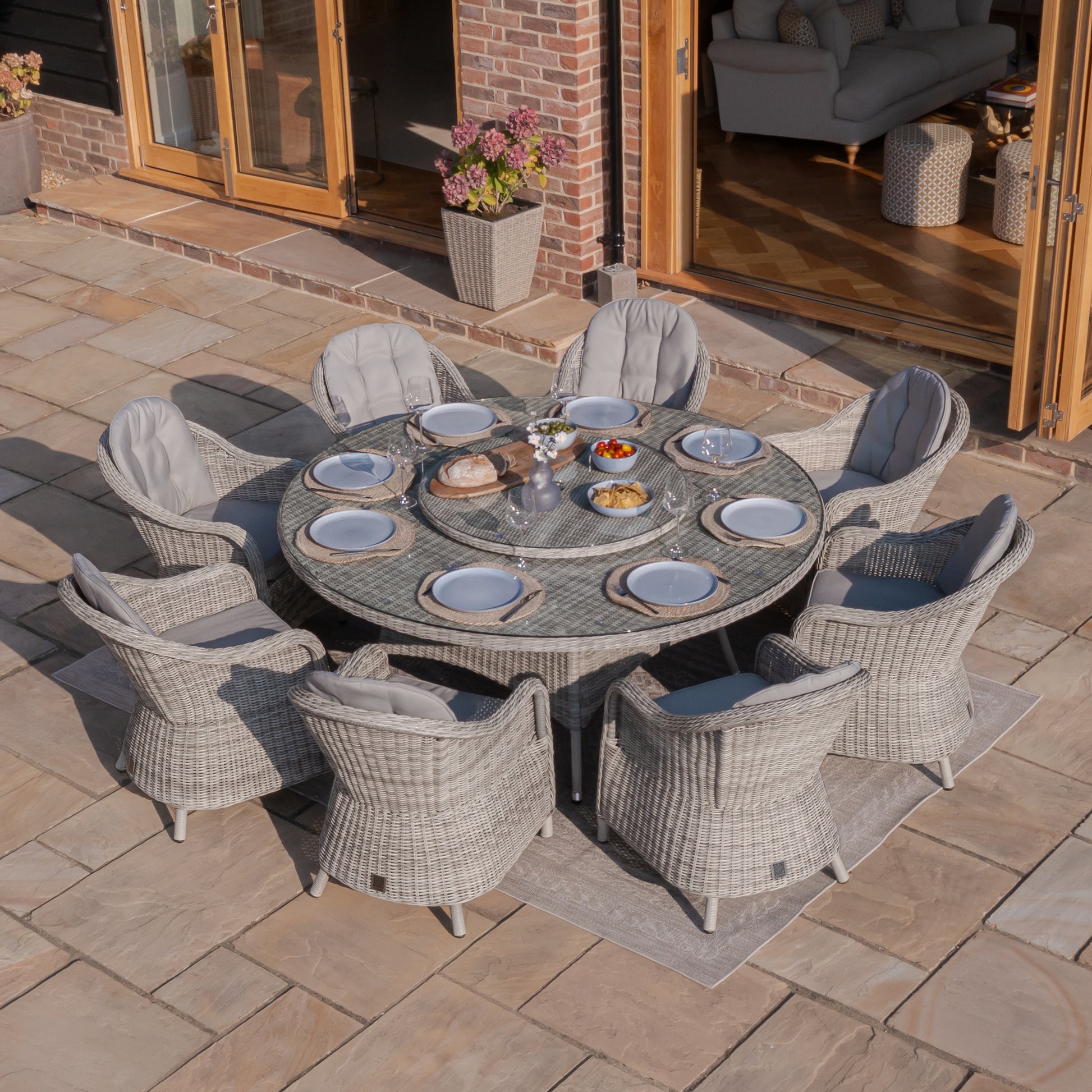 Maze - Oxford 8 Seat Round Dining Set with Heritage Dining Chairs & Woven Lazy Susan - Blythe Living
