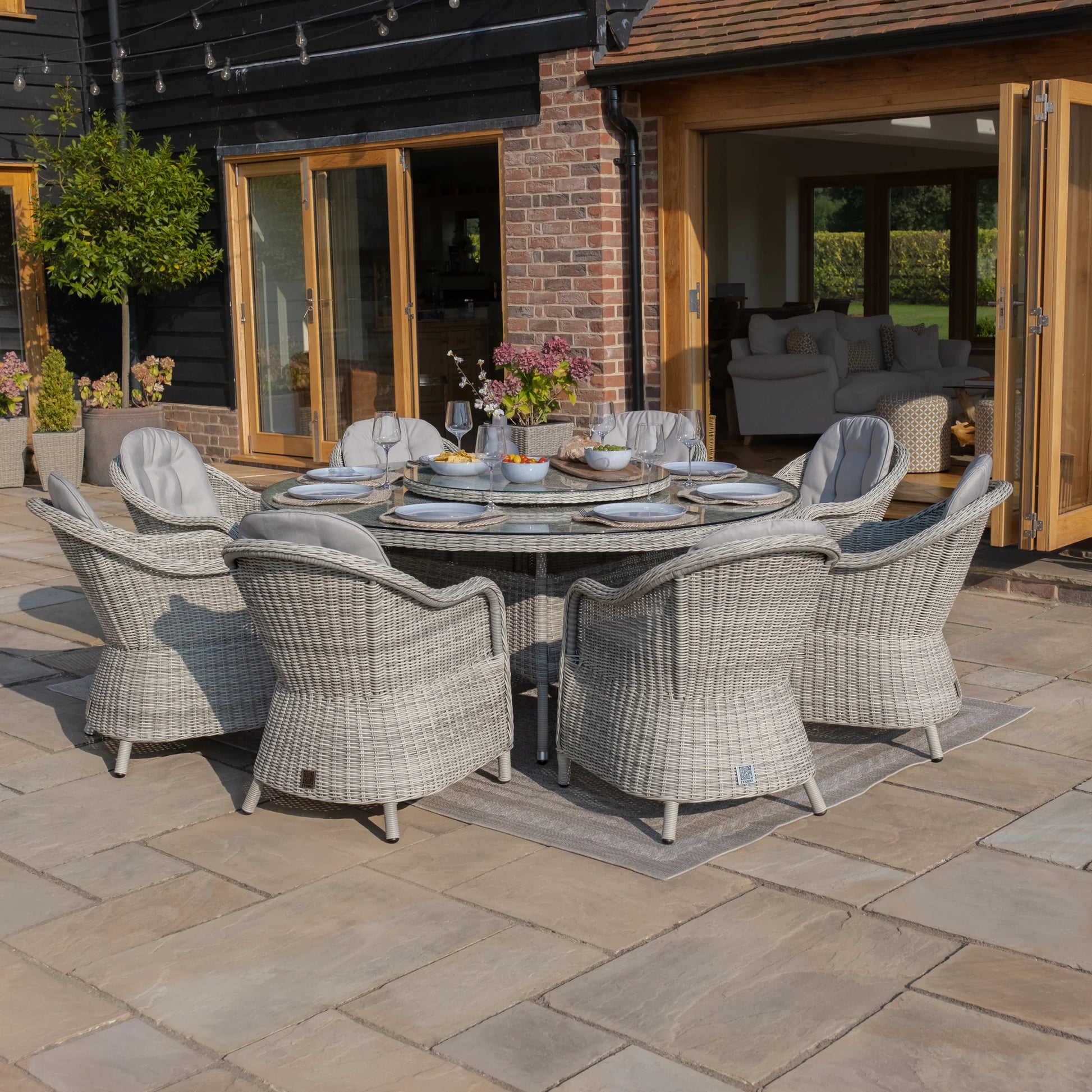 Maze - Oxford 8 Seat Round Dining Set with Heritage Dining Chairs & Woven Lazy Susan - Blythe Living