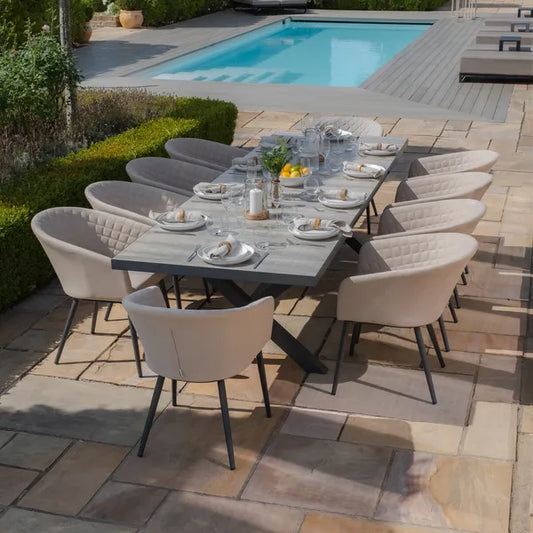 Maze - Vienna 6 - 10 Seat Extending Rectangular Dining Table with Charcoal Frame
and 10 Ambition Oatmeal Outdoor Fabric Dining Chairs - Blythe Living