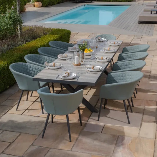 Maze - Vienna 6 - 10 Seat Extending Rectangular Dining Table with Charcoal Frame
and 10 Ambition Sage Green Outdoor Fabric Dining Chairs - Blythe Living