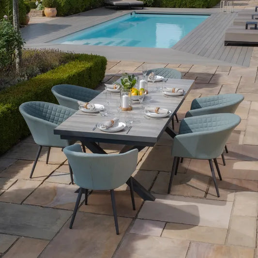 Maze - Vienna 6 - 10 Seat Extending Rectangular Dining Table with Charcoal Frame
and 10 Ambition Sage Green Outdoor Fabric Dining Chairs - Blythe Living