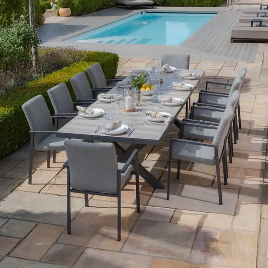 Maze - Vienna 6 - 10 Seat Extending Rectangular Dining Table with Charcoal Frame
and 10 Ibiza Zinc Grey Outdoor Fabric Dining Chairs - Blythe Living
