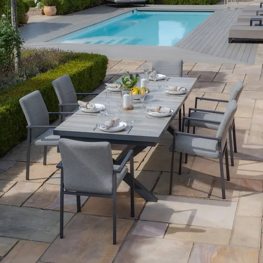 Maze - Vienna 6 - 10 Seat Extending Rectangular Dining Table with Charcoal Frame
and 10 Ibiza Zinc Grey Outdoor Fabric Dining Chairs - Blythe Living