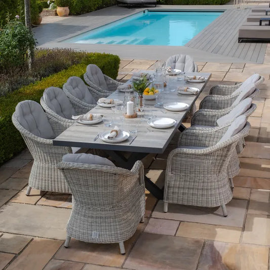 Maze - Vienna 6 - 10 Seat Extending Rectangular Dining Table with Charcoal Frame
and 10 Oxford Heritage Rattan Dining Chairs - Blythe Living