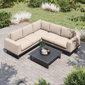 Maze - Outdoor Fabric Ethos Corner Group - Oatmeal With Square Coffee Table - Blythe Living