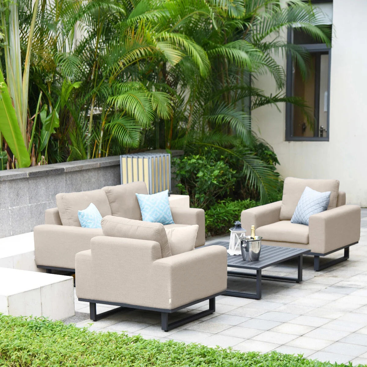 Maze - Outdoor Fabric Ethos 2 Seat Sofa Set - Oatmeal with Square Coffee Table - Blythe Living