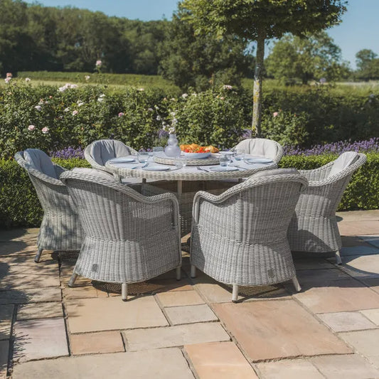 Maze - Oxford 6 Seat Round Dining Set
with Heritage Dining Chairs & Woven Lazy Susan - Ceramic Glass - Blythe Living