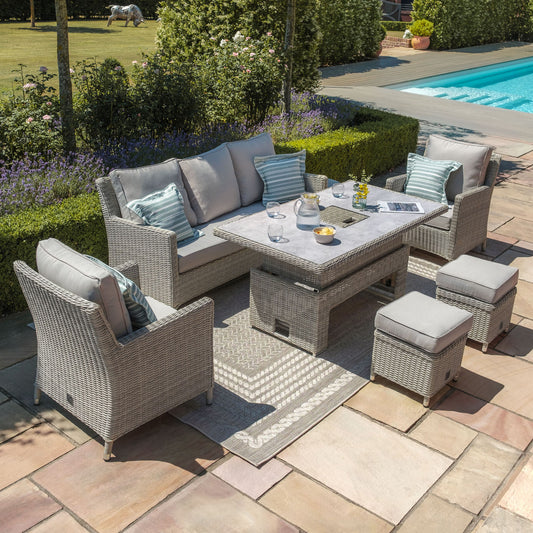 Maze - Oxford Sofa Rattan Dining Set
with Ice Bucket & Rising Table - Ceramic Glass - Blythe Living