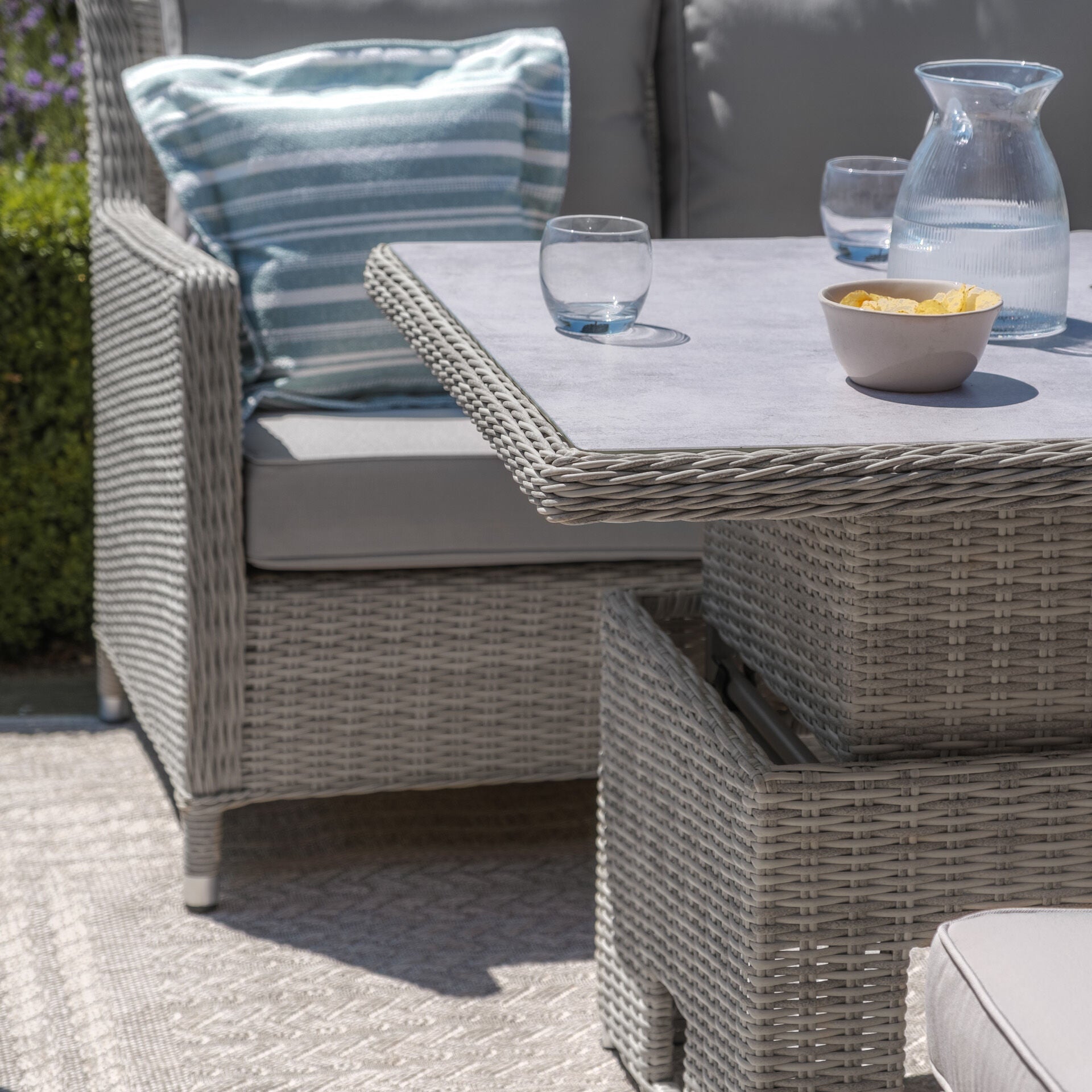 Maze - Oxford Sofa Rattan Dining Set
with Ice Bucket & Rising Table - Ceramic Glass - Blythe Living