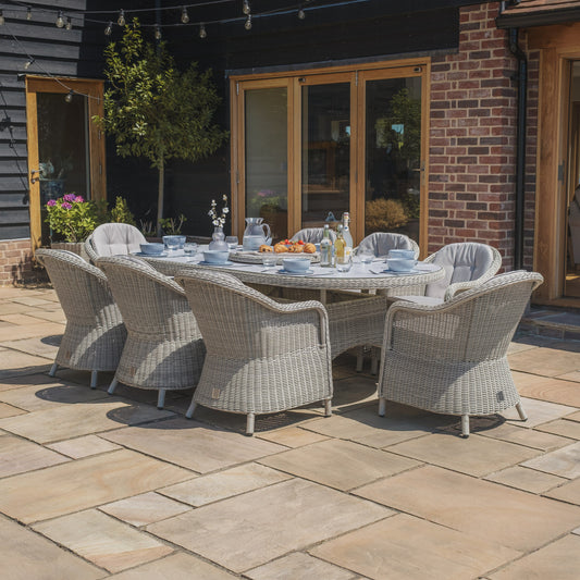 Maze - Oxford 8 Seat Oval Dining Set
with Heritage Dining Chairs & Woven Lazy Susan - Ceramic Glass - Blythe Living