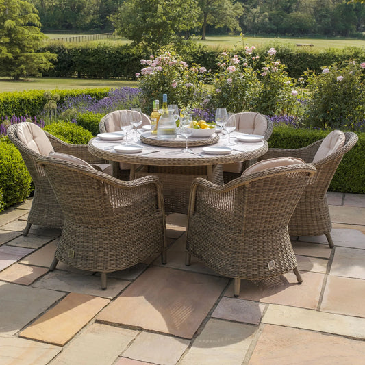 Maze - Winchester 6 Seat Round Dining Set
with Heritage Dining Chairs & Woven Lazy Susan - Ceramic Glass - Blythe Living