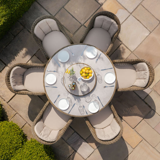 Maze - Winchester 6 Seat Round Dining Set
with Heritage Dining Chairs & Woven Lazy Susan - Ceramic Glass - Blythe Living