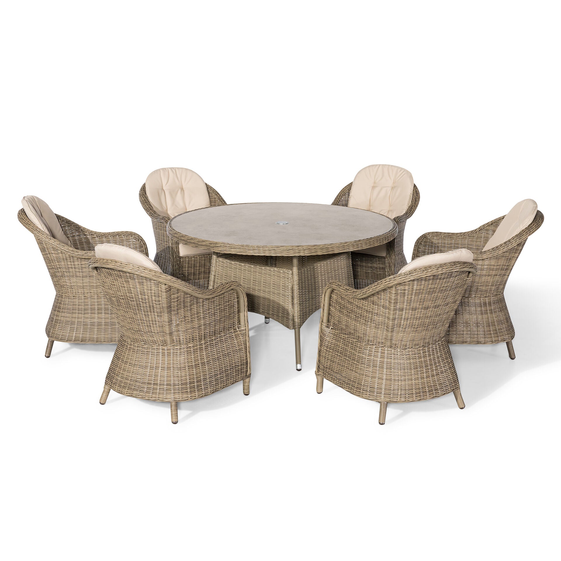 Maze - Winchester 6 Seat Round Dining Set
with Heritage Dining Chairs & Woven Lazy Susan - Ceramic Glass - Blythe Living