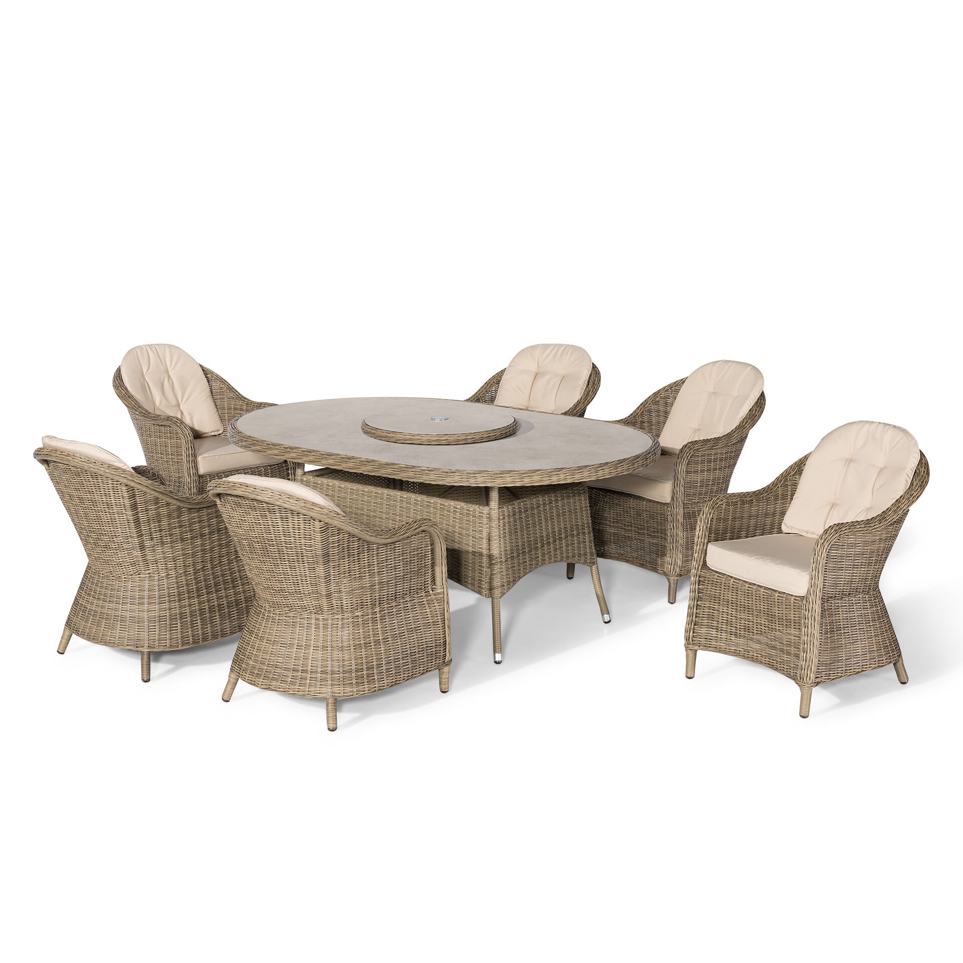 Maze - Winchester 6 Seat Oval Dining Set
with Heritage Dining Chairs & Woven Lazy Susan - Ceramic Glass - Blythe Living