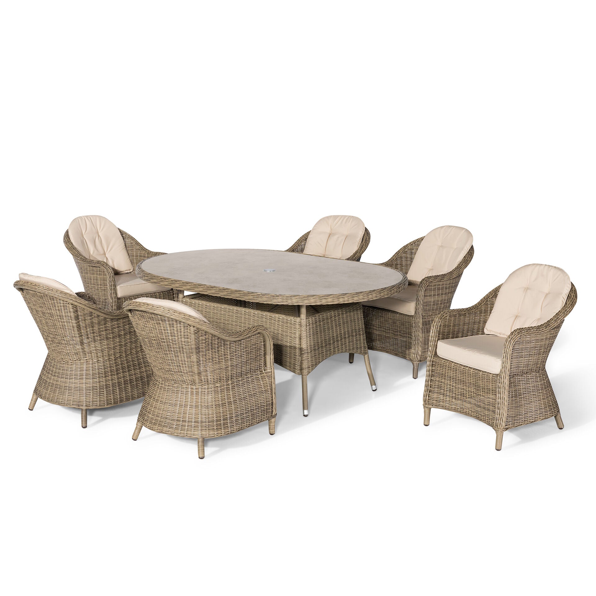 Maze - Winchester 6 Seat Oval Dining Set
with Heritage Dining Chairs & Woven Lazy Susan - Ceramic Glass - Blythe Living