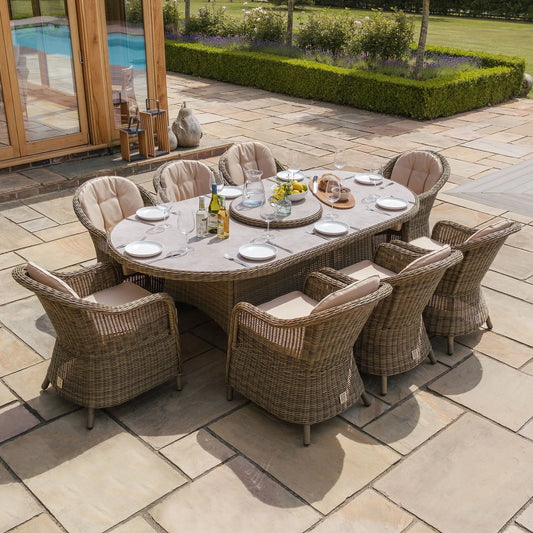 Maze - Winchester 8 Seat Oval Dining Set
with Heritage Dining Chairs & Woven Lazy Susan - Ceramic Glass - Blythe Living