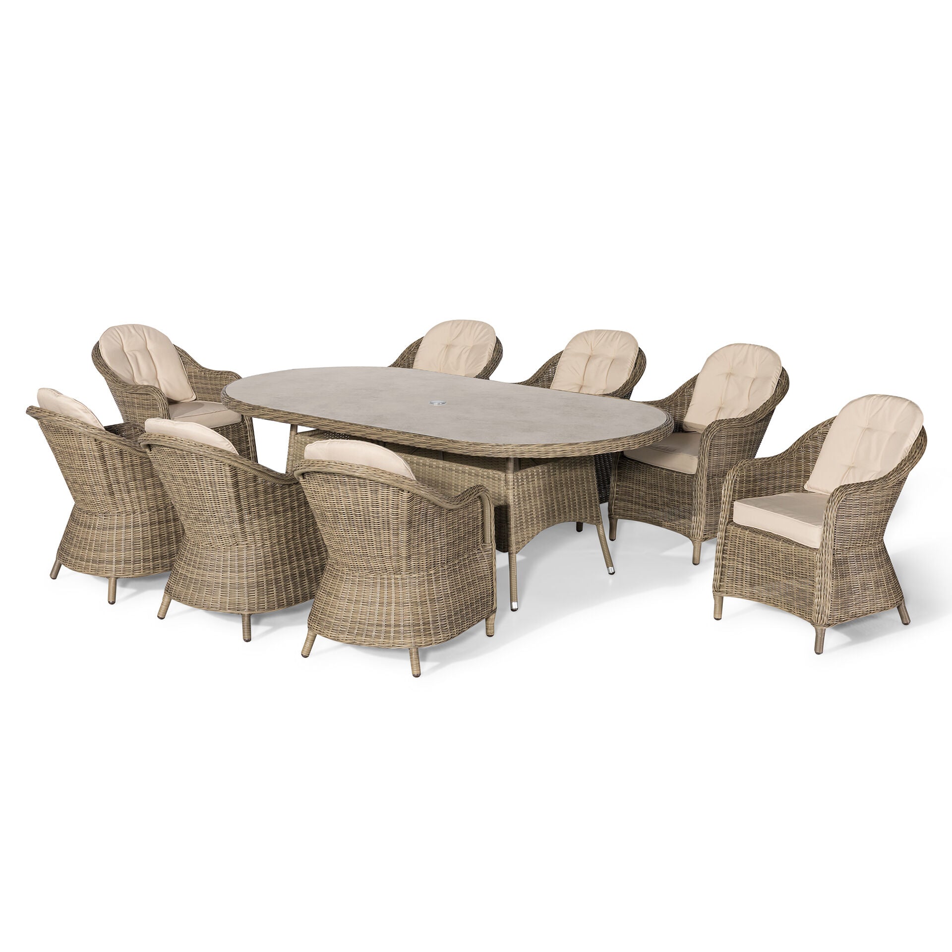 Maze - Winchester 8 Seat Oval Dining Set
with Heritage Dining Chairs & Woven Lazy Susan - Ceramic Glass - Blythe Living