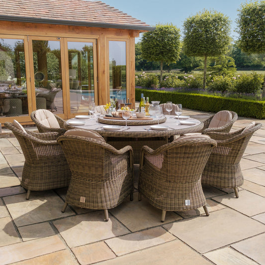 Maze - Winchester 8 Seat Round Dining Set
with Heritage Dining Chairs & Woven Lazy Susan - Ceramic Glass - Blythe Living