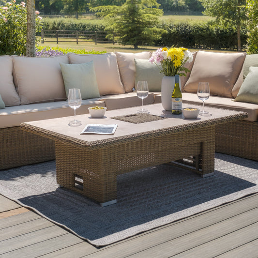 Maze - Winchester Deluxe Large Rattan Corner Dining Set
with Rising Table & Armchair - Ceramic Glass - Blythe Living