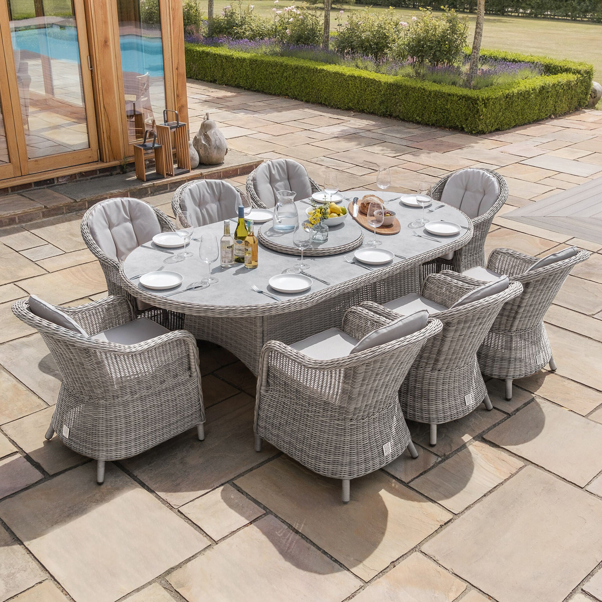 Maze - Oxford 8 Seat Oval Dining Set
with Heritage Dining Chairs & Woven Lazy Susan - Ceramic Glass - Blythe Living
