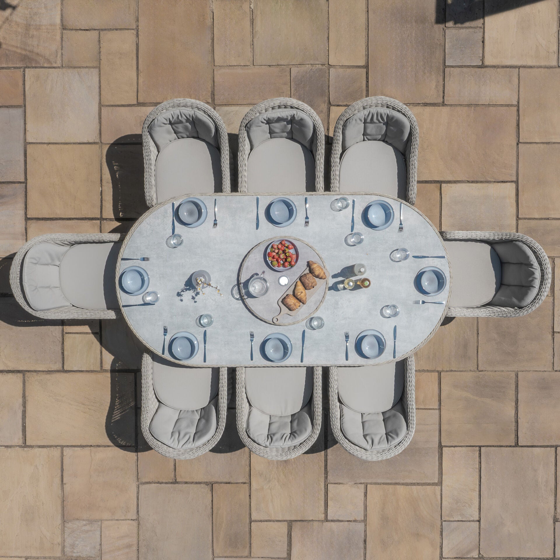 Maze - Oxford 8 Seat Oval Dining Set
with Heritage Dining Chairs & Woven Lazy Susan - Ceramic Glass - Blythe Living