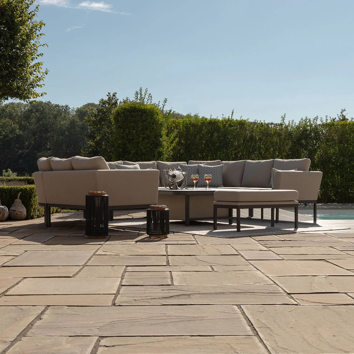 Maze - Outdoor Fabric Pulse U Shape Corner Dining Set with Rising Table - Oatmeal - Blythe Living