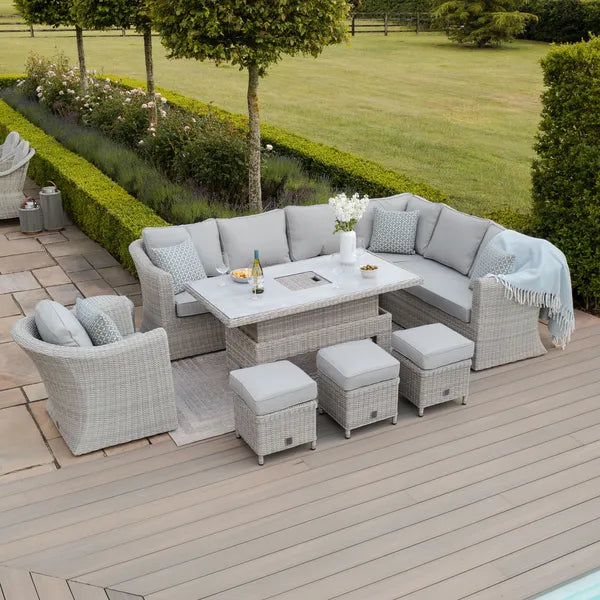 Maze - Oxford Deluxe Large Rattan Corner Dining Set
with Rising Table & Armchair - Ceramic Glass - Blythe Living